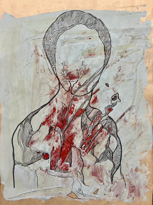 An abstract, textured painting of a face and torso with intricate black line work over a pale background with smears of red paint.
