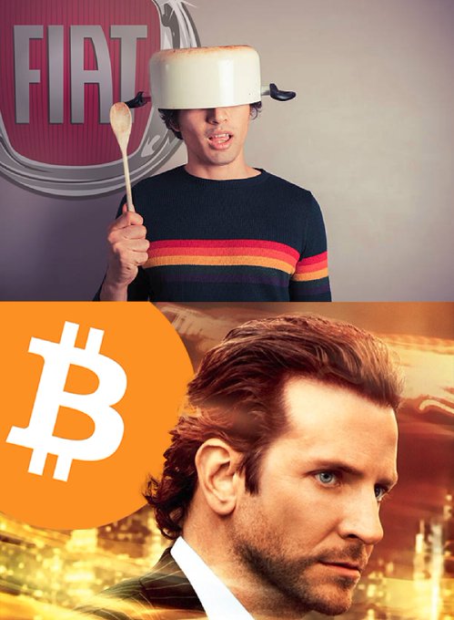 A meme image with two panels: the top shows a person with a pot on their head holding a spoon in front of a "FIAT" logo, and the bottom shows a man next to a Bitcoin logo.
