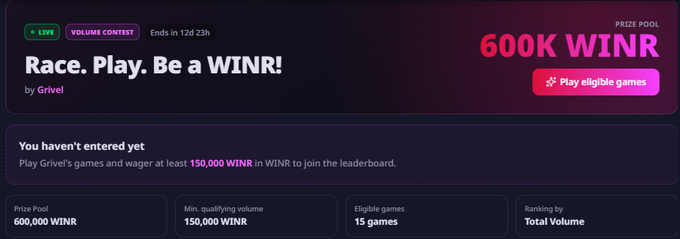 A promotional banner for Grivel's "Race. Play. Be a WINR!" campaign advertises a 600,000 WINR prize pool with 12 days remaining, requiring players to wager at least 150,000 WINR across 15 eligible games to join the leaderboard.