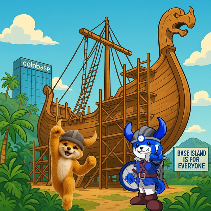 The image features a cartoon illustration of two characters, a cat and a dog, standing next to each other with their arms raised high. The cat character has its paw raised while the dog character has its paw down. They are positioned near a large wooden ship that is being constructed on a beach. In the background, there is a building, which appears to be a part of the construction site for the ship. The image also includes text that reads "Base Island is for everyone".