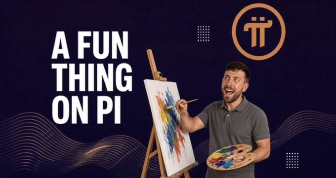 A promotional graphic titled 'A FUN THING ON PI' showing a man painting on an easel next to the Pi cryptocurrency logo.