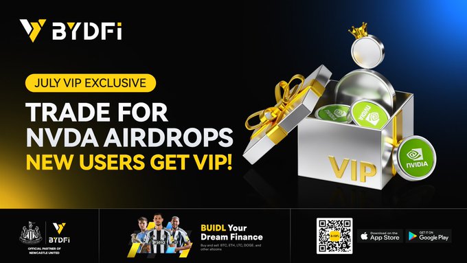 A promotional banner for BYDFi's July VIP Exclusive campaign featuring the headline "TRADE FOR NVDA AIRDROPS, NEW USERS GET VIP!" alongside a silver VIP gift box with green NVIDIA-branded tokens. The bottom section displays the BYDFi logo, a "Build Your Dream Finance" tagline, and QR codes for downloading the mobile app.