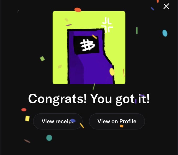 A celebratory pop-up screen with confetti shows a purple arcade machine graphic with a dollar sign on its screen, featuring the text "Congrats! You got it!" along with "View receipt" and "View on Profile" buttons. The image represents the successful acquisition of a rare digital collectible (RH MACHINE with APPL ticker) for 0.13 ETH, matching the post's boast about sniping a 2x asset at a low price.
