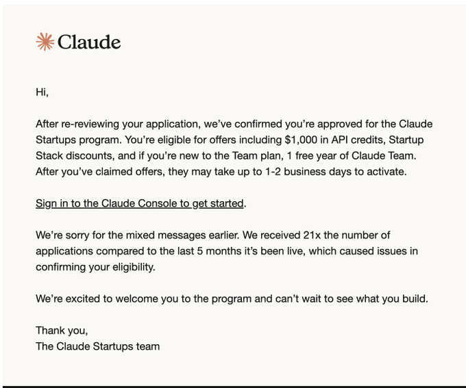 A Claude Startups confirmation email approving the recipient for offers including $1,000 in API credits and Startup Stack discounts, apologizing for earlier mixed messages due to high demand (21x normal applications).