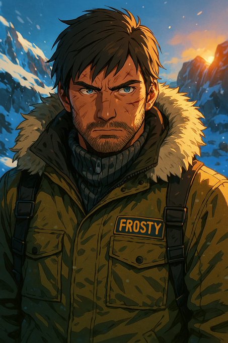 A rugged anime-style portrait of a determined man in a fur-hooded winter jacket set against snowy mountains at sunset, with a patch on his jacket reading "FROSTY." The cold, hardened "Frosty" persona reflects the post's nostalgic nod to an OG character while the speaker hints at returning to more personal, expressive content alongside their business focus.