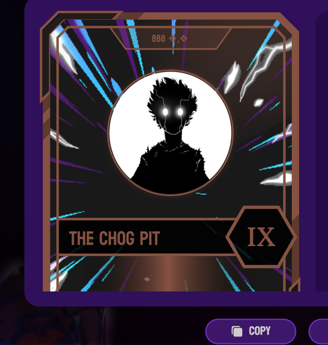 A digital trading card titled "THE CHOG PIT" with the Roman numeral "IX" features a silhouetted anime-style character with glowing eyes against a white circular backdrop, framed by a purple border with "888" displayed at the top and a "COPY" button below. The card appears to be part of the Chog NFT portal launch, inviting users to submit their wallets and check eligibility within 48 hours.