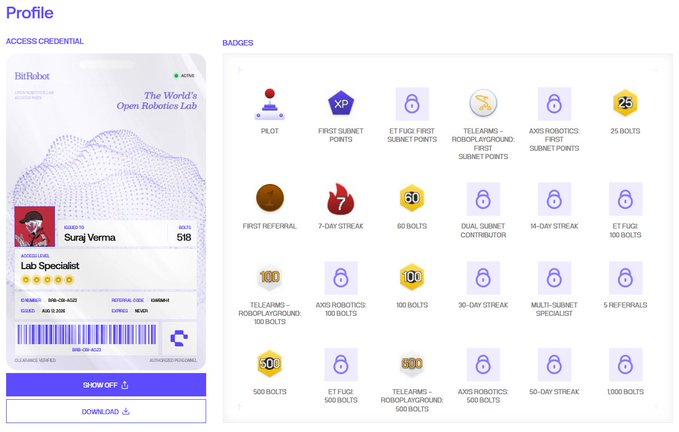 A profile page for BitRobot displaying an Access Credential ID card for Suraj Verma (Lab Specialist) alongside a collection of achievement badges including Pilot, First Subnet Points, XP, 25 Bolts, and various streak and referral milestones.