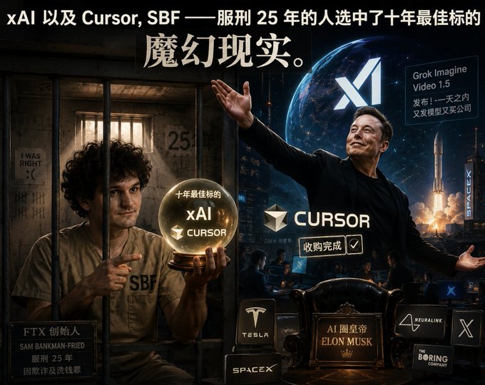 The image features a poster for a video game called "Cursor" with two men depicted, one holding a crystal ball while the other holds a trophy. The poster also includes text that translates into Chinese, which reads "xAI Cursor Sbf 25 中国人选中了十年最佳标的—服刑—Elon—Grok Imagine Video 1.5". This suggests the game is set in China and features characters from a popular Chinese video game franchise, such as "Grok." The poster also includes logos for companies like T-Mobile and Sony Ericsson, indicating that the game may be available on multiple platforms or devices.