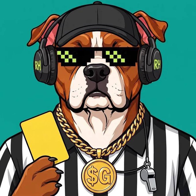 A cartoon-style illustration shows a bulldog wearing a black cap, green pixelated sunglasses, headphones labeled 'RH', a gold chain with a '$G' medallion, and a striped referee shirt, while holding a yellow card.