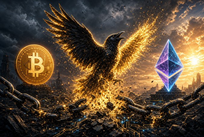 A dramatic fantasy artwork featuring a fiery phoenix rising between a golden Bitcoin coin on the left and a glowing Ethereum logo on the right, with chains in the foreground.