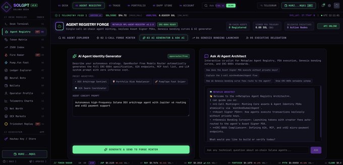 A screenshot of the SOLGRID v3.0 platform showing the "Agent Registry Forge" interface with options for AI Agent Identity Generator and AI Agent Architect.