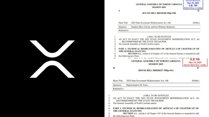 The image displays official North Carolina General Assembly documents, including Senate Bill S.B. 709 and House Bill DR103027 from the 2025 session, titled "2025 State Investment Modernization Act," alongside the XRP (Ripple) logo. The proposed legislation would amend Article 6 of Chapter 147 of the General Statutes, which relates to state financial management—relevant to the post's claim about pension funds potentially channeling capital into XRP.
