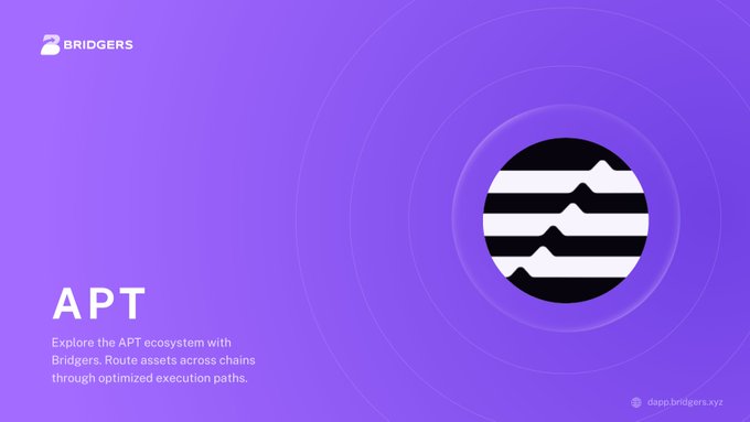 A purple promotional graphic for "BRIDGERS" features the title "APT" with a description to "Explore the APT ecosystem with Bridgers. Route assets across chains through optimized execution paths," alongside a circular striped emblem.