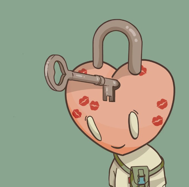 A cartoon illustration of a small character with a heart-shaped pink head covered in red kiss marks and an open padlock with a key, wearing a light-colored outfit on a mint green background.