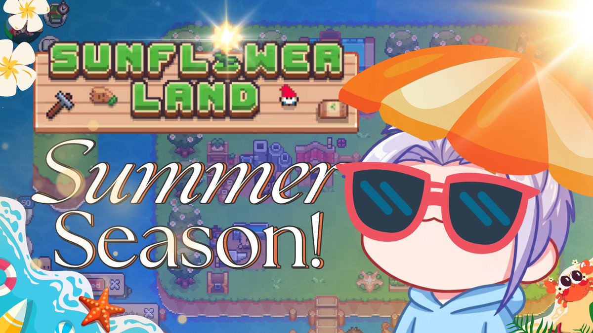 Promotional artwork for 'GUNFLOWER LAND' featuring 'Summer Season!' text and an anime-style character with purple hair, orange cap, and red sunglasses.