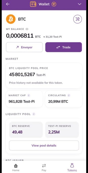 A screenshot of a Pi cryptocurrency wallet app displays a BTC balance of 0.0006811 BTC (≈31.20 Test-Pi), with a BTC liquidity pool price of 45,801.5267 Test-Pi, market cap of 961.82B, and circulating supply of 20.99M BTC.