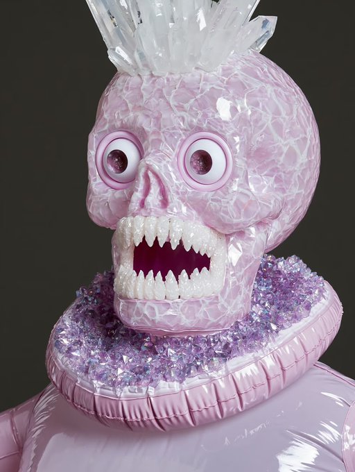 A surreal 3D-rendered pink skull-like character with wide, bulging eyes, sharp teeth, and a crystal mohawk, wearing a collar made of purple gemstones.