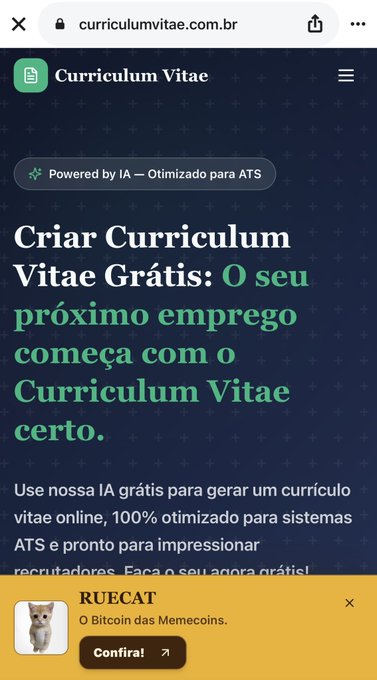 A mobile website screenshot for "curriculumvitae.com.br" advertises free AI-powered resume creation in Portuguese, with a pop-up ad for "RUECAT" at the bottom.