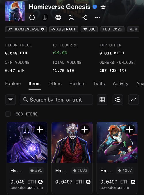 The image shows a screenshot of a computer screen displaying the content of an item listing page from a cryptocurrency exchange platform called Hamiverse Genesis. The main focus of the image is a screenshot featuring various characters with different styles, including a man dressed in all purple clothing with a mask and a woman wearing a red dress. These character images are associated with the items listed on the exchange, such as NFTs (Non-Fungible Tokens), free mint crosses, and altcoins, along with their prices and other details. The post also mentions an update to the floor price of these coins and the price at Comic Con, making it clear that this is a listing page for items relevant to the cryptocurrency market and the virtual economy.
