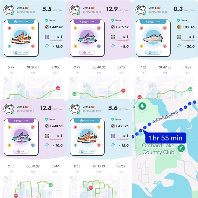 A fitness tracking app showing five workout sessions (sn12 shoes) with stats like distance (Km), time, steps, and GMT earnings (e.g., 5.5, 12.9, 0.3, 12.8, 5.6), along with a map showing a route near Orchard Lake Country Club.