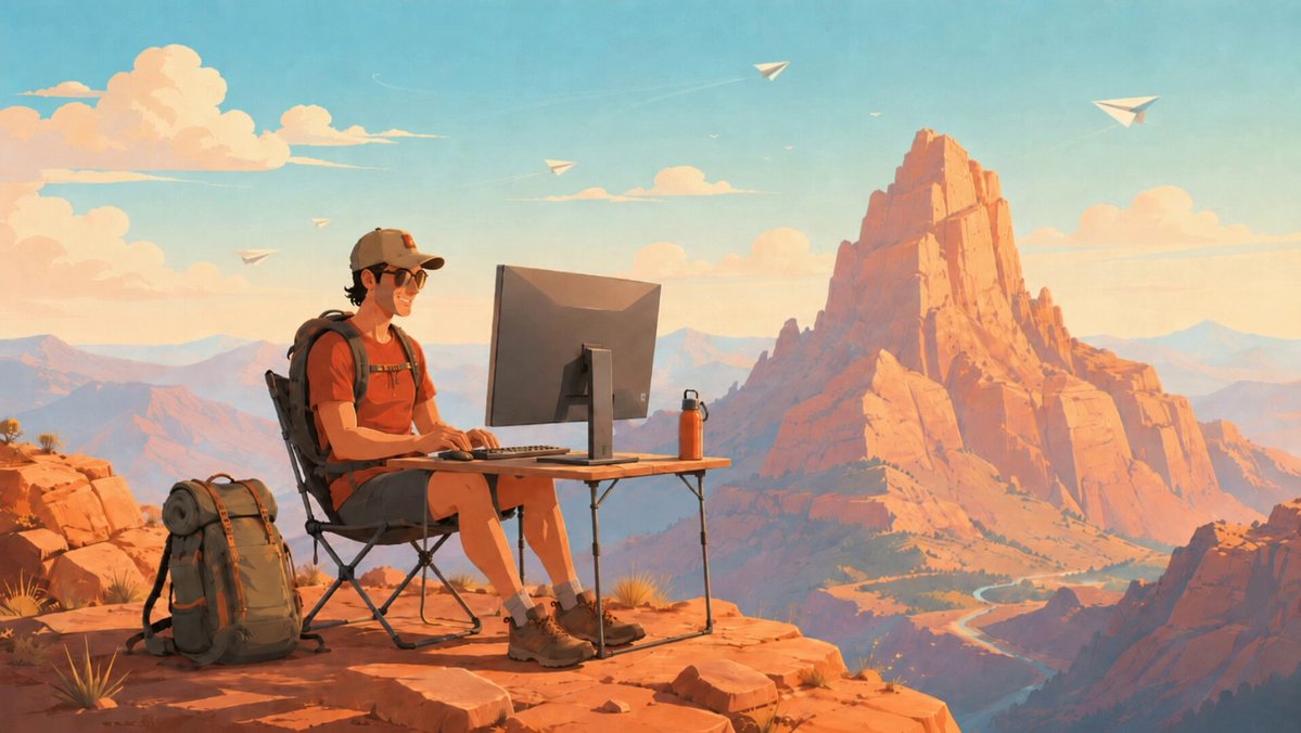 The image features a man sitting at an outdoor desk, working on his computer while surrounded by a scenic mountain landscape. There are several airplanes flying overhead, suggesting that he might be traveling or working remotely from a location with good connectivity. The post encourages people to "Experience peak Solana Summer on the mtn. Apply now:". This implies that the image is promoting an outdoor workspace and remote work opportunities in a beautiful mountainous setting during the summer season.