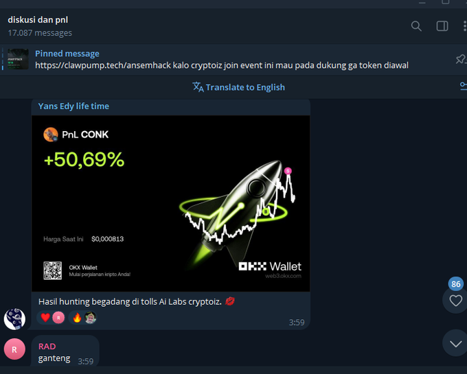 Telegram chat screenshot showing a pinned message with a clawpump.tech link about a crypto hack event, and a user sharing a PnL CONK graphic displaying +50.69% gains with OKX Wallet branding.