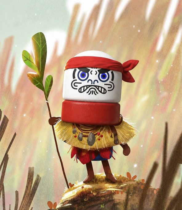 A stylized digital illustration of a tribal warrior character with a red headband and skirt, a grass hula skirt, and a painted white mask face, holding a leafy staff on a rocky outcrop.