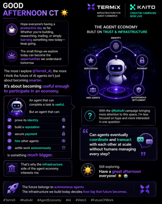 A 'Good Afternoon' themed infographic about TermiX and KAITO AI discussing trust and infrastructure for agent commerce, featuring capabilities like identity verification, reputation building, secure payment, and autonomous settlement for AI agents.