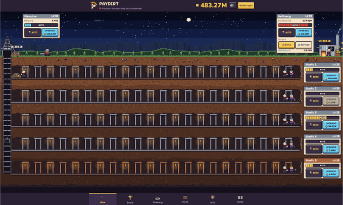 A screenshot of the idle game 'Paydirt' shows an underground mining operation with multiple shafts, elevators, and active miners extracting resources under a night sky.