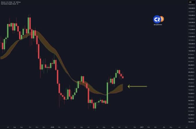 A dark Bitcoin candlestick chart shows a steep decline, a partial rebound, and a yellow arrow pointing toward a golden support area near the latest candles.