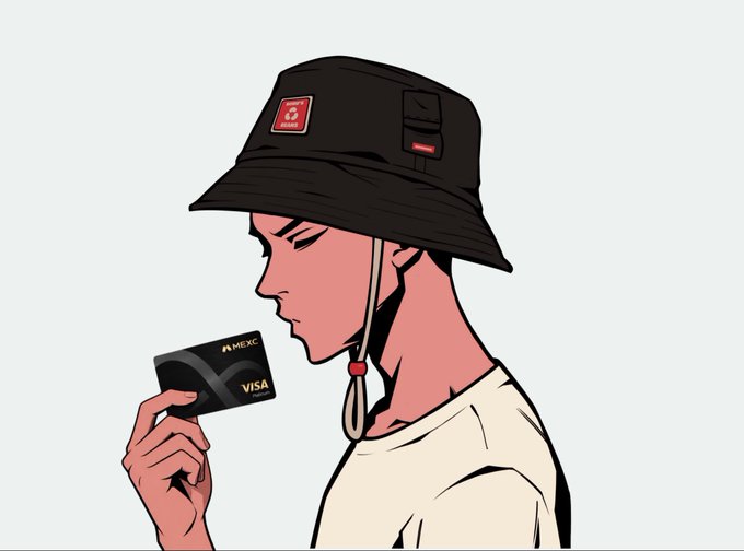 An illustrated person in a bucket hat examines a Visa card marked "MEXC" with focused concentration. The image visually reinforces the post's theme of carefully comparing crypto cashback cards, with the MEXC branding directly highlighting the platform being considered as the top choice for its cashback rate.