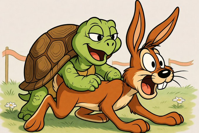 The image features a cartoon turtle and rabbit running together, with the rabbit appearing to be chasing or following the turtle. The turtle has its mouth open wide as if it's panting, while the rabbit looks surprised by this behavior. The background of the image is white, which contrasts nicely with the colors used in the illustration. There are no texts present in the image, and the relative positions of the objects suggest that they are running side by side.