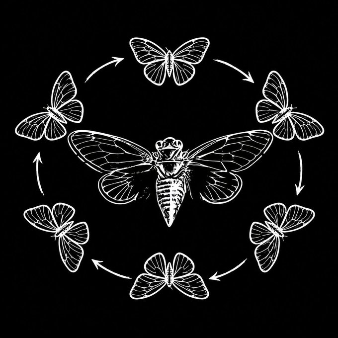 A black and white graphic showing a cicada in the center surrounded by butterflies arranged in a circular pattern with directional arrows.