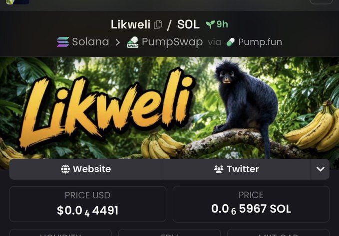 A cryptocurrency trading interface showing the token 'Likweli' on Solana via PumpSwap/Pump.fun priced at $0.04491 / 0.0005967 SOL, featuring an image of a monkey with bananas.