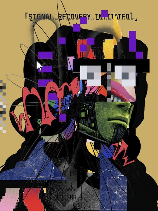 The image features a digital art piece that depicts an anthropomorphic robot with a face, wearing glasses and a mask. The robot has a green body and purple arms, giving it a unique appearance. The background of the artwork consists of various elements such as text, lines, and shapes in shades of pink, blue, and black. The image also includes a caption that reads "R3ORDR #2095 JUST SOLD FOR 0.420ETH = USD 840.- FOR THE CULTUR3". This suggests that the artist has sold their work for a certain amount of money, possibly to support an artistic project or to fund further creations.