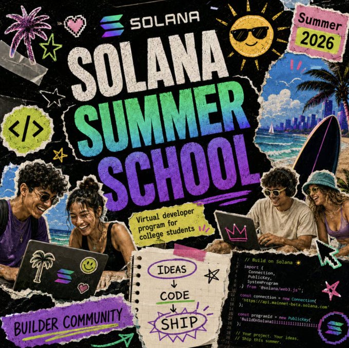 ersa summer school poster for the year 2026, featuring a beach scene and a group of students using laptops with the title "SOLANA Summer School".