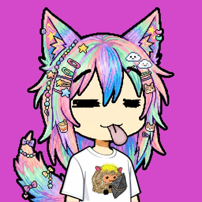 A colorful digital illustration of a chibi-style character with rainbow hair, cat ears, a tongue sticking out, and wearing a white t-shirt featuring a cartoon character, set against a bright pink background.