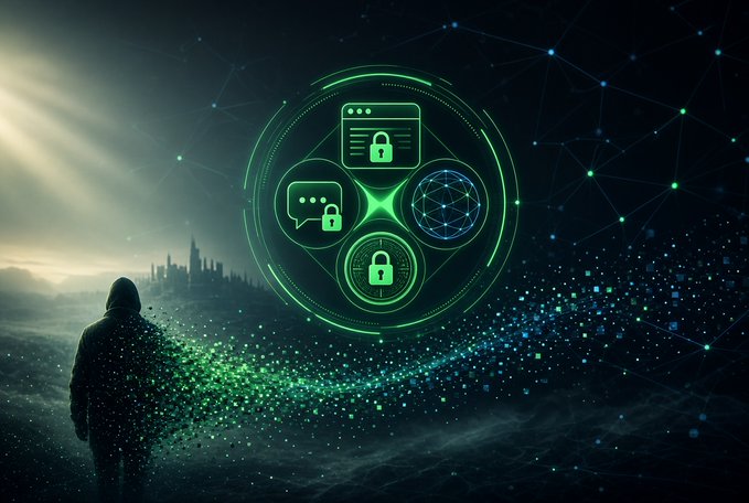 A hooded figure stands before a glowing green digital emblem featuring padlocks, chat bubbles, and a network node, with particles streaming toward them against a dark landscape.