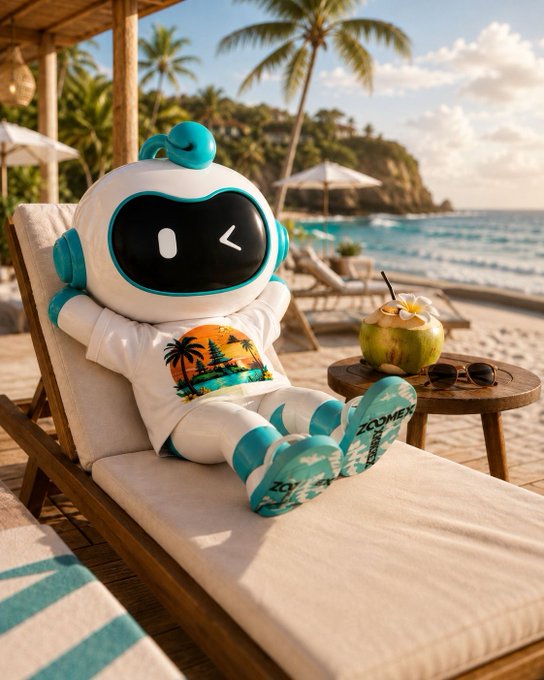 A cute white and teal robot character relaxes on a beach lounge chair, wearing a tropical-print t-shirt and printed slip-on shoes, with a coconut drink and sunglasses on a nearby side table.