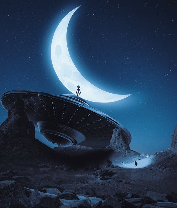 The image features an alien standing atop a spaceship, which appears to be floating above some rocks. The background of the photo shows a crescent moon and stars against a dark blue sky. There are two people present in the scene - one person is walking towards the spaceship while another individual is standing near it. The overall atmosphere suggests that this could be an alien encounter or an encounter with an alien, possibly from outer space.