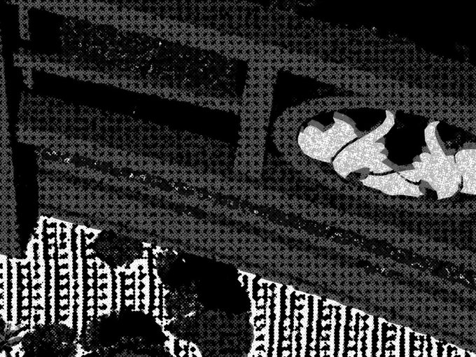 A black and white pixelated/dithered image showing what appears to be a textured surface or structure with a bowl containing round objects (possibly food items like dumplings) and a striped pattern below.