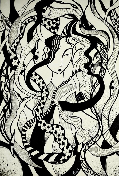 A detailed black and white pen-and-ink drawing shows a woman's face surrounded by intertwining snake-like forms adorned with various geometric patterns.