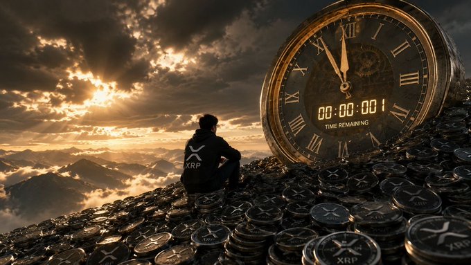 A solitary XRP supporter sits atop a mountain of XRP coins beside a giant clock reading "00:00:00 TIME REMAINING" at the brink of a dramatic sunrise, visually capturing the post's message about waiting for XRP's value to finally materialize. The image symbolizes the endless patience of XRP holders and the urgency of putting those dormant holdings to work before time runs out.