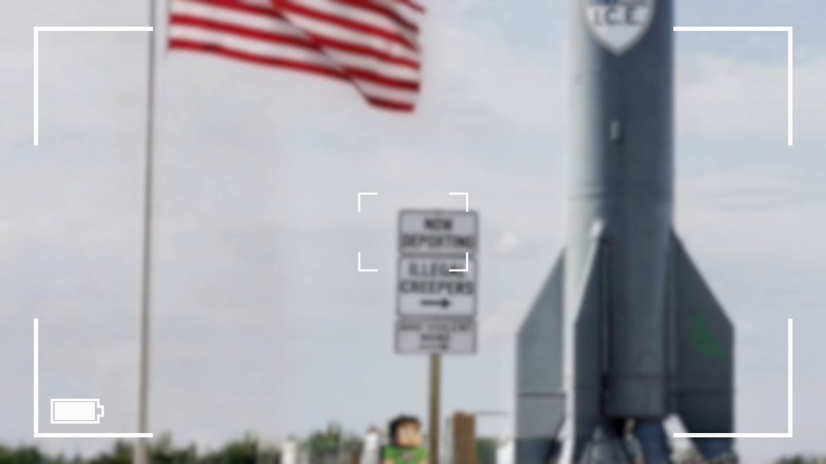 The image features a large rocket ship, possibly a space shuttle or a rocket-like object, positioned prominently in the center of the frame. The background includes an American flag flying high above the scene. In the foreground, there's a sign that reads "New developments all croppers" and another sign with a picture of a person on it. These signs are placed next to each other, creating a sense of depth and perspective within the image.