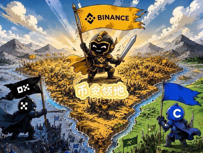 A cartoon illustration depicting a 'Binance' knight holding a flag on a golden hill, flanked by armies bearing the logos of OKX and Coinbase, with Chinese text below reading '币安领地' (Binance Territory).