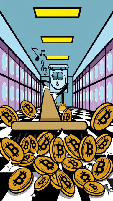 A cartoon illustration depicts a character sweeping piles of Bitcoin coins down a corridor lined with lockers, with musical notes floating above.