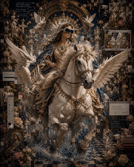 A detailed digital artwork of an angelic figure in flowing white and gold robes riding a majestic white horse, surrounded by ornate baroque decorations and UI interface elements resembling a software dialog.