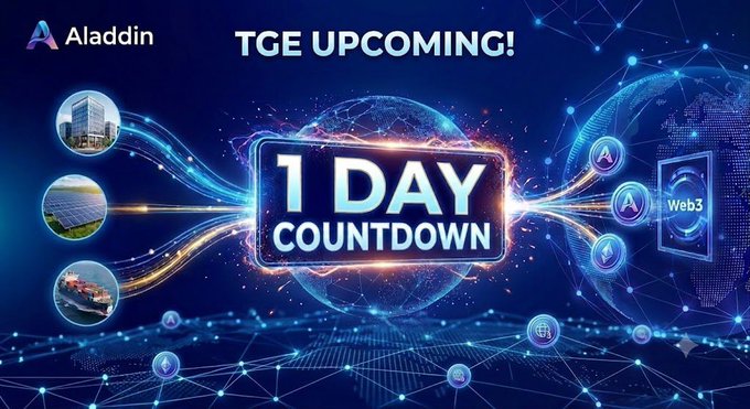 A promotional graphic for Aladdin announcing 'TGE UPCOMING!' with '1 DAY COUNTDOWN' displayed prominently against a futuristic blue digital background featuring a globe and Web3 icons.