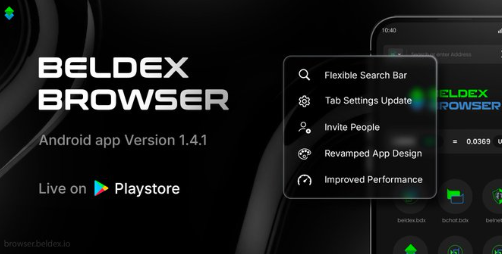 A promotional graphic for 'BELDEX BROWSER' Android app Version 1.4.1, highlighting features like Flexible Search Bar, Tab Settings Update, Invite People, Revamped App Design, and Improved Performance.