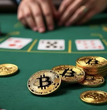 Golden Bitcoin tokens are stacked on a green card table beside scattered playing cards, symbolizing the intersection of cryptocurrency and gambling that tied the six Malaysian men to the S$4.9M robbery.